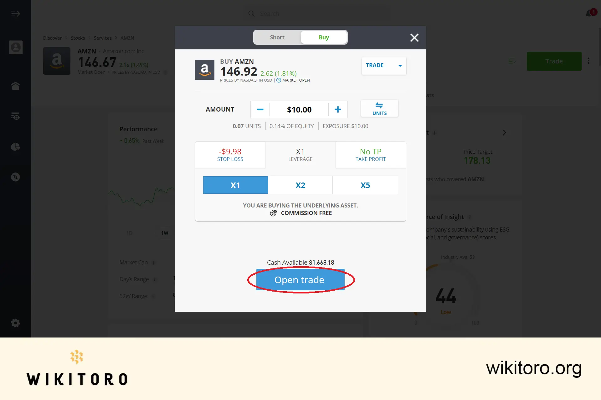 Executing eToro Amazon stocks trade