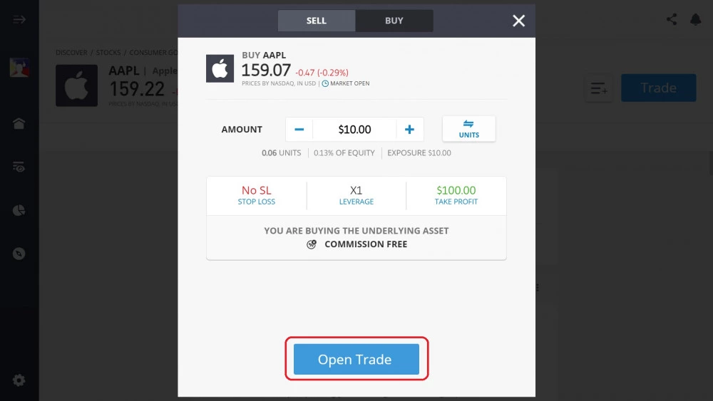 Executing Apple buy order on eToro's platform