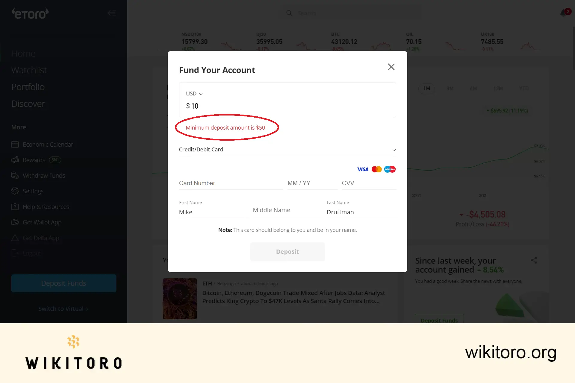eToro minimum deposit requirement