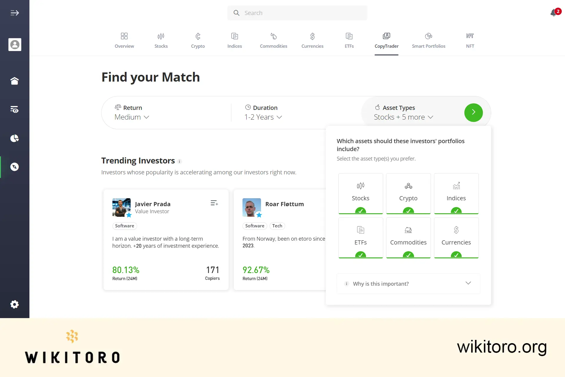 eToro's copy trading filter