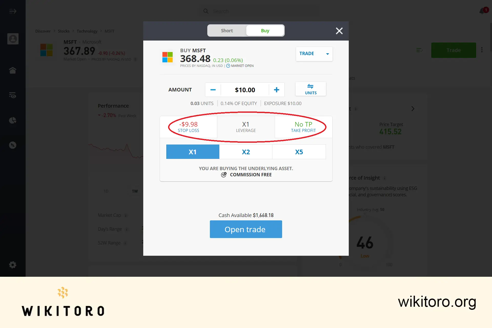 Setting eToro Microsoft stocks trade parameters