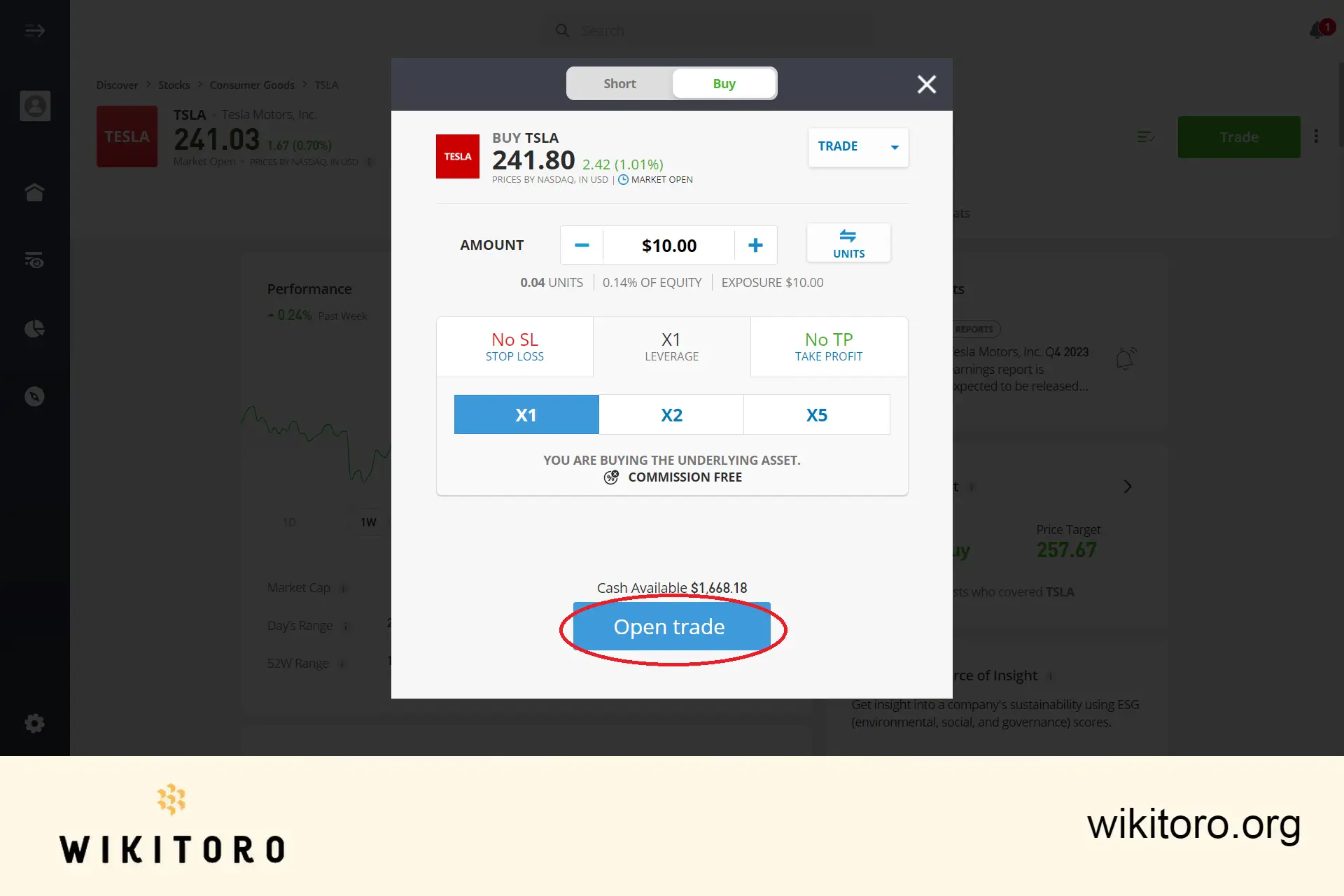 Executing eToro Tesla stocks trade