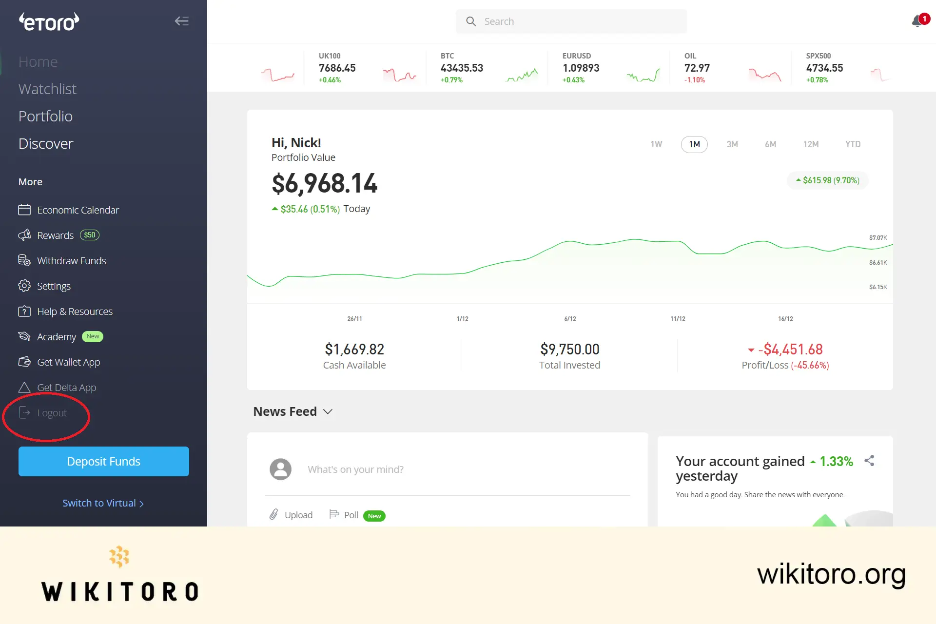 Logout link on eToro platform