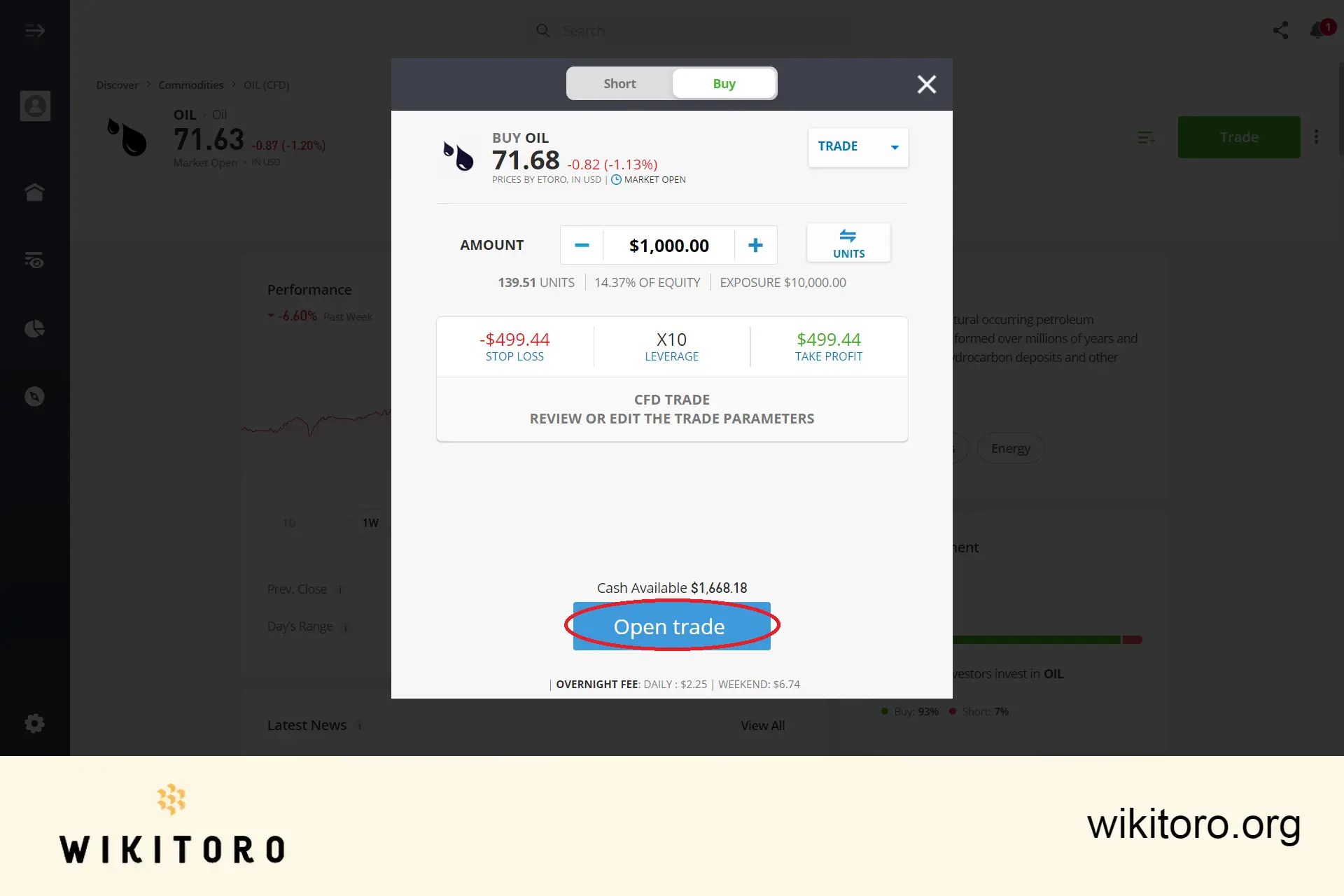 Executing eToro Crude Oil trade order